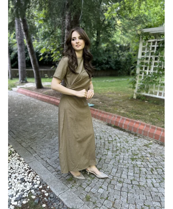 Haki Keten maxi boy elbise