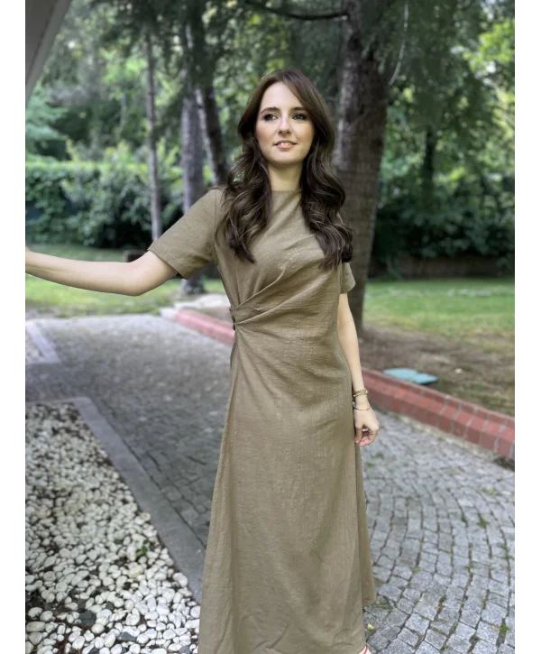 Haki Keten maxi boy elbise