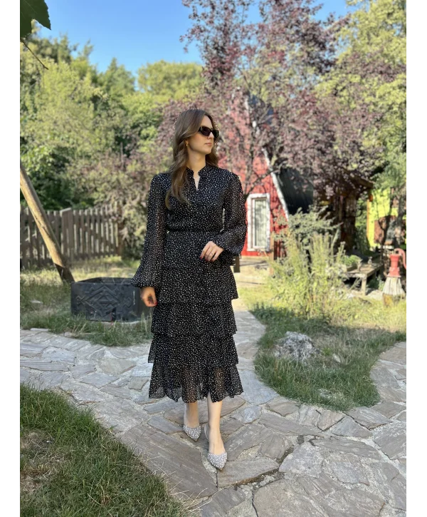 Kat Kat Siyah Beyaz Puantiyeli Şifon Elbise