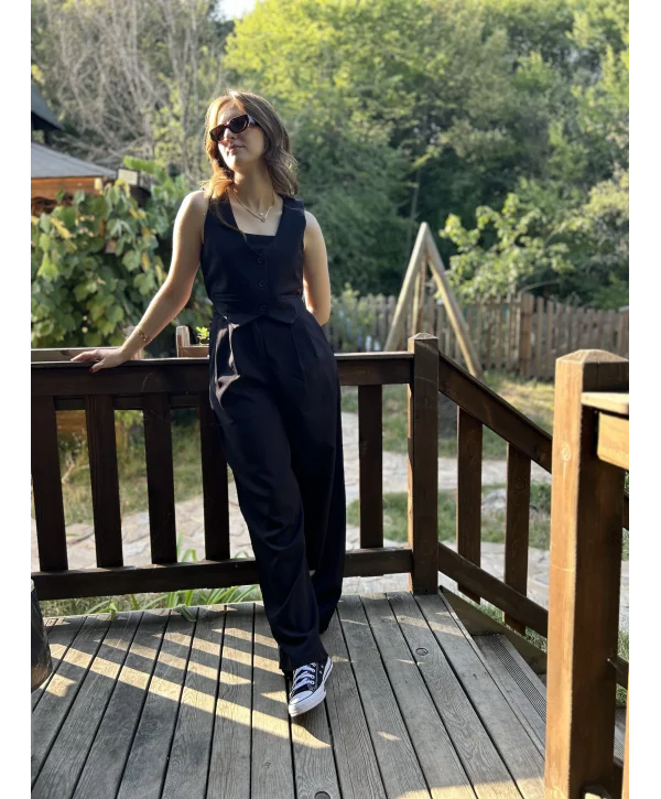 Yelekli Palazzo Pantolunlu Siyah İkili Takım