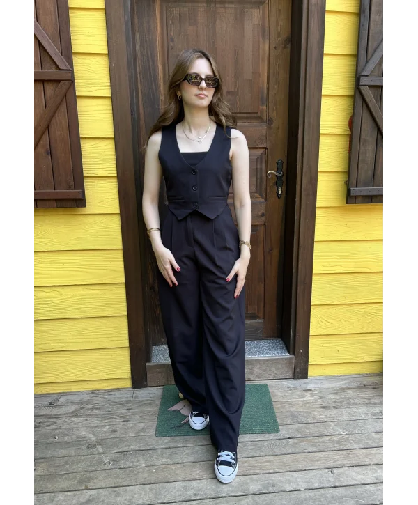 Yelekli Palazzo Pantolunlu Siyah İkili Takım