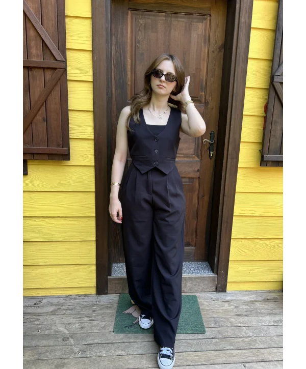 Yelekli Palazzo Pantolunlu Siyah İkili Takım