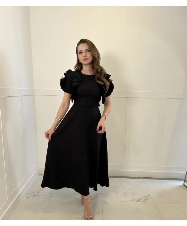 Fırfır Gül Kol Detaylı Siyah Maxi Boy Elbise
