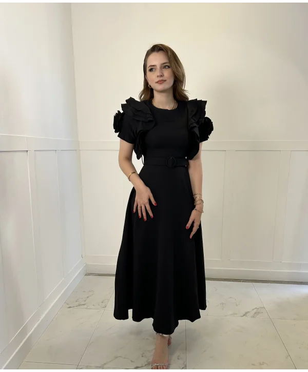 Fırfır Gül Kol Detaylı Siyah Maxi Boy Elbise