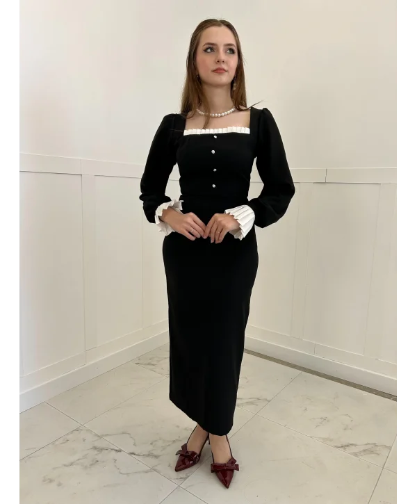 Loya Kol ve Göğüs Detaylı Vintage Elbise