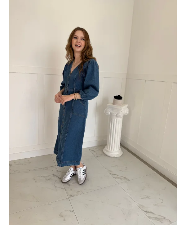 Midi Boy Düğmeli Kot Elbise