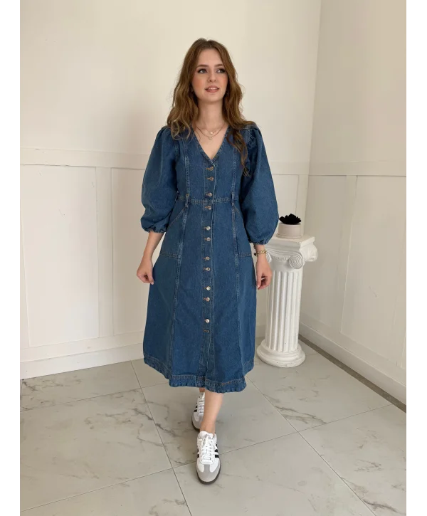 Midi Boy Düğmeli Kot Elbise