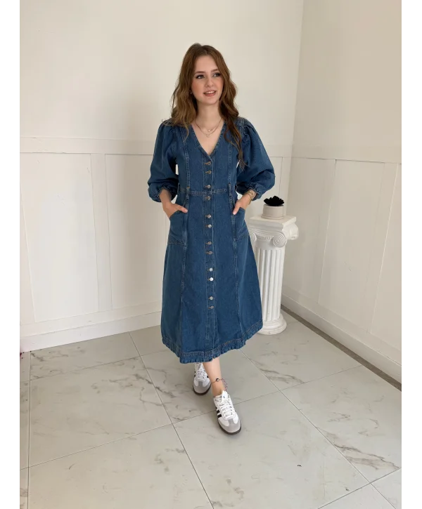 Midi Boy Düğmeli Kot Elbise