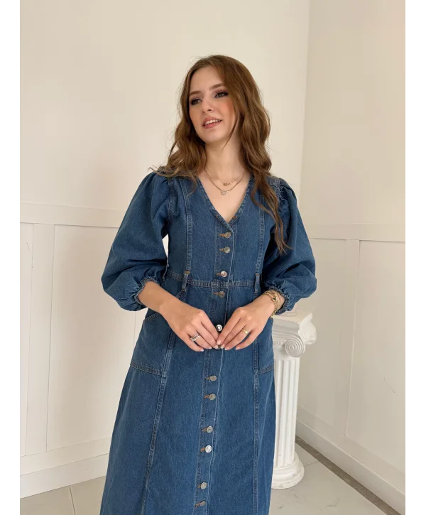 Midi Boy Düğmeli Kot Elbise