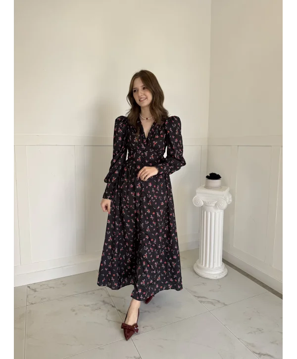 Maxi Boy Çiçek Desenli Yaka ve Kol Düğme Detaylı Elbise