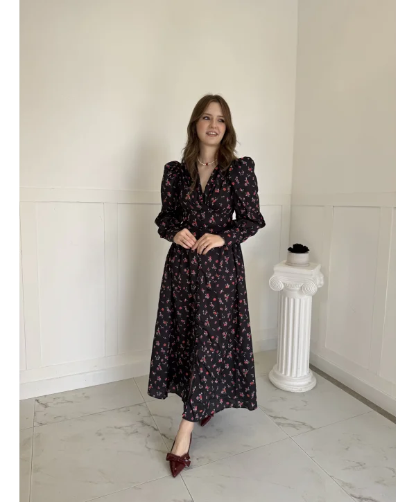 Maxi Boy Çiçek Desenli Yaka ve Kol Düğme Detaylı Elbise