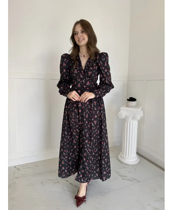 Maxi Boy Çiçek Desenli Yaka ve Kol Düğme Detaylı Elbise