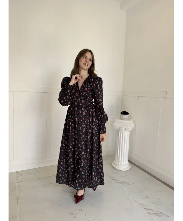 Maxi Boy Çiçek Desenli Yaka ve Kol Düğme Detaylı Elbise