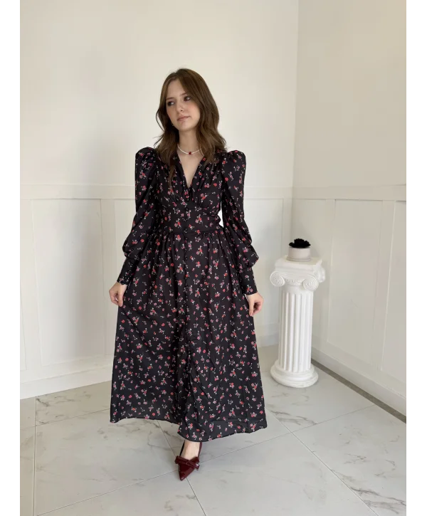 Maxi Boy Çiçek Desenli Yaka ve Kol Düğme Detaylı Elbise