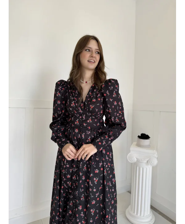 Maxi Boy Çiçek Desenli Yaka ve Kol Düğme Detaylı Elbise