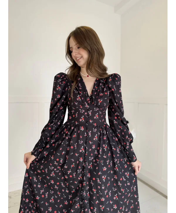 Maxi Boy Çiçek Desenli Yaka ve Kol Düğme Detaylı Elbise