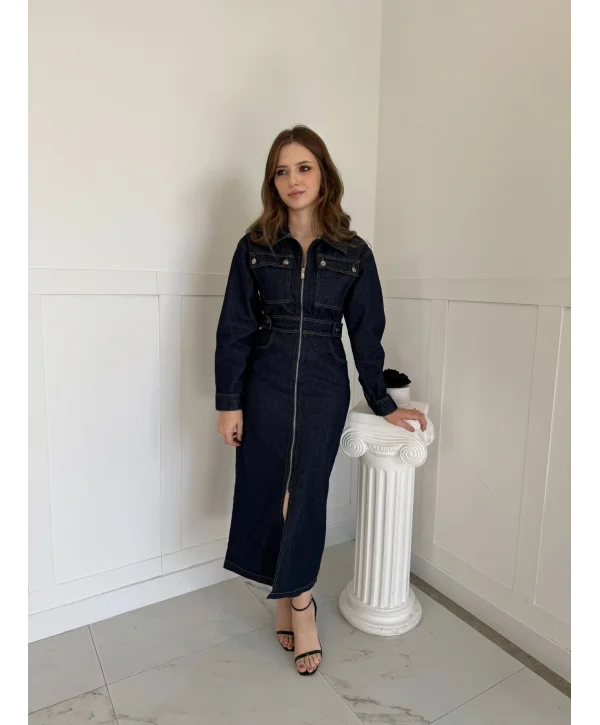 Fermuarlı Cep Detaylı Midi Boy Kot Elbise