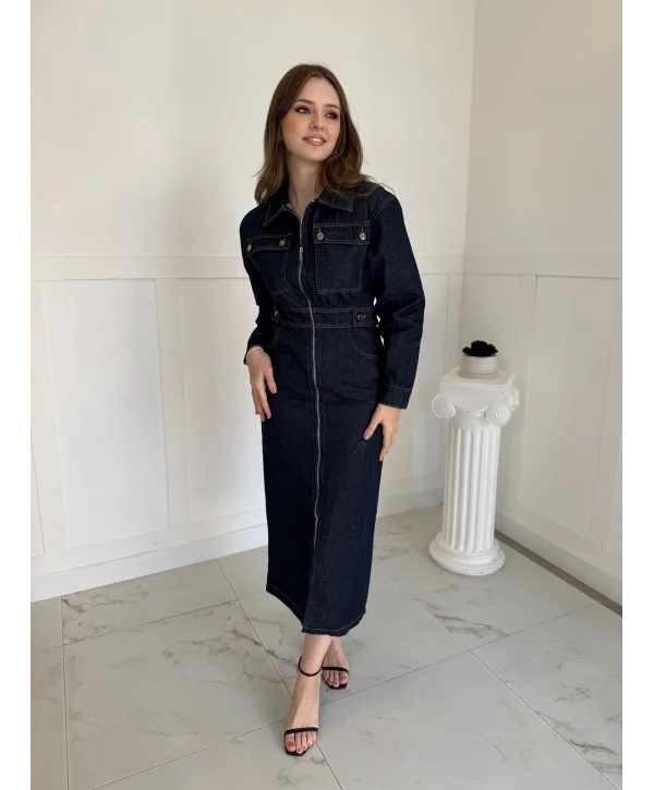 Fermuarlı Cep Detaylı Midi Boy Kot Elbise