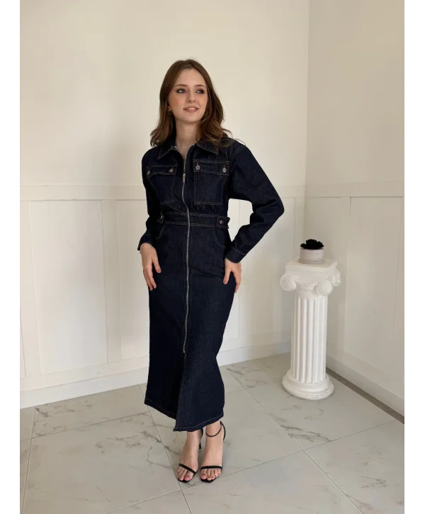 Fermuarlı Cep Detaylı Midi Boy Kot Elbise