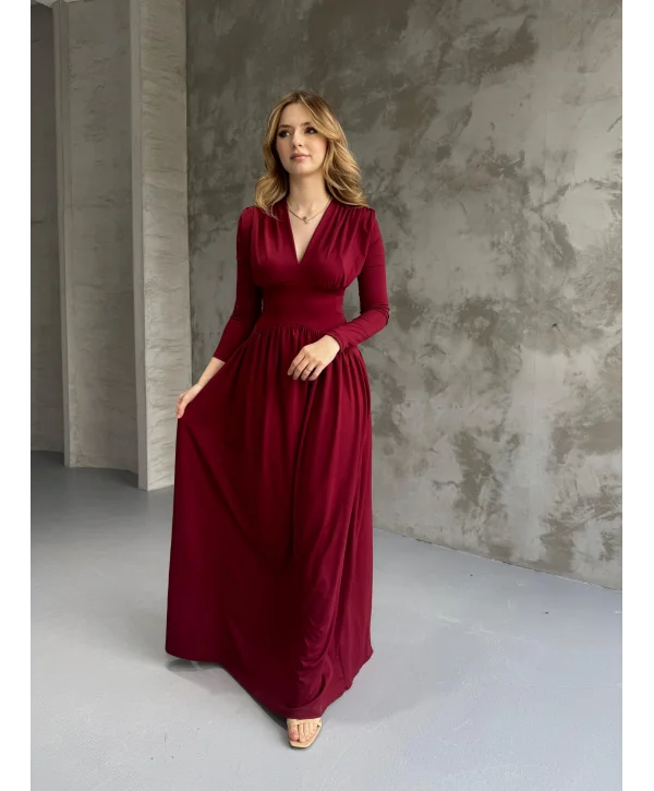 Bordo V Yaka Maxi Boy Elbise