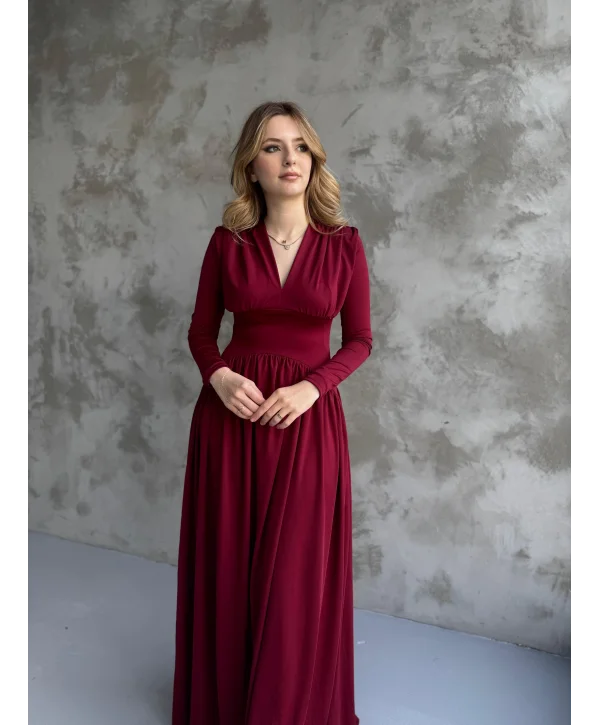 Bordo V Yaka Maxi Boy Elbise