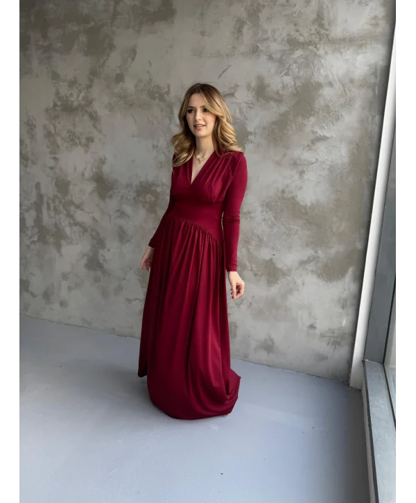 Bordo V Yaka Maxi Boy Elbise