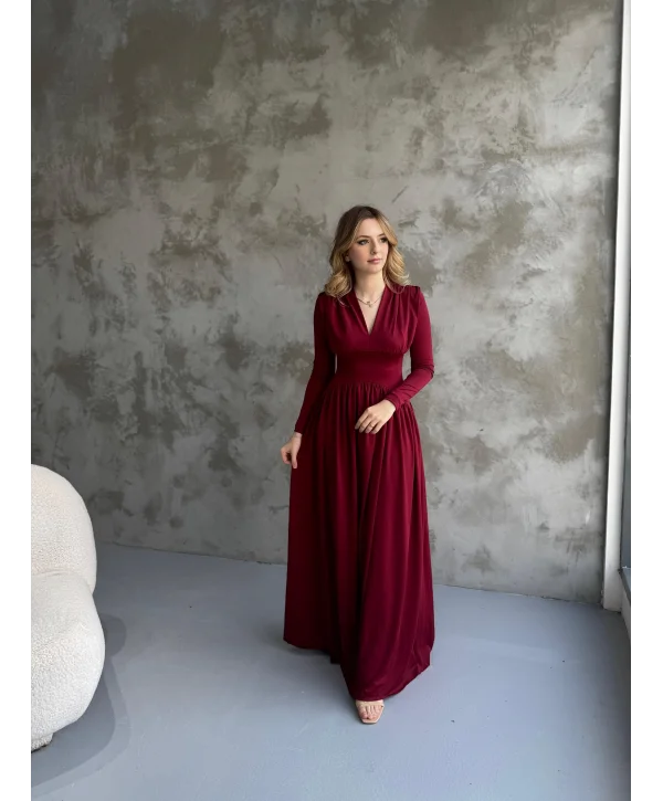 Bordo V Yaka Maxi Boy Elbise