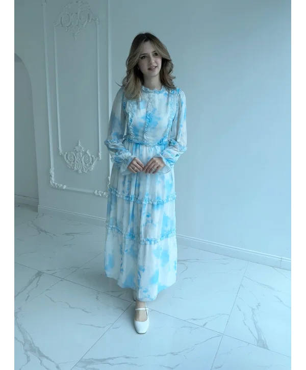 Mavi Beyaz Maxi Boy Şifon Elbise