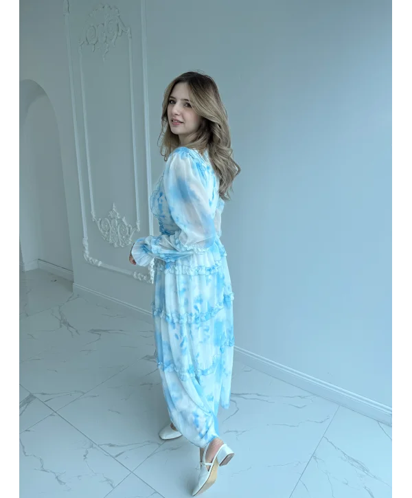 Mavi Beyaz Maxi Boy Şifon Elbise