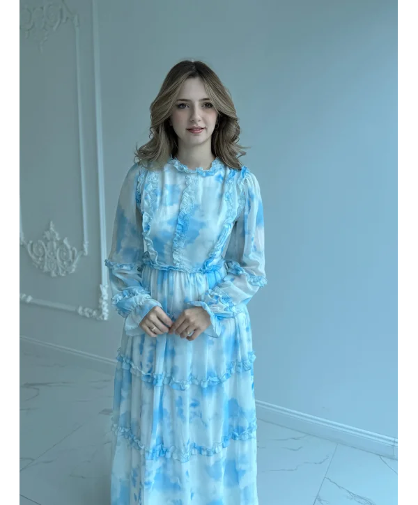 Mavi Beyaz Maxi Boy Şifon Elbise