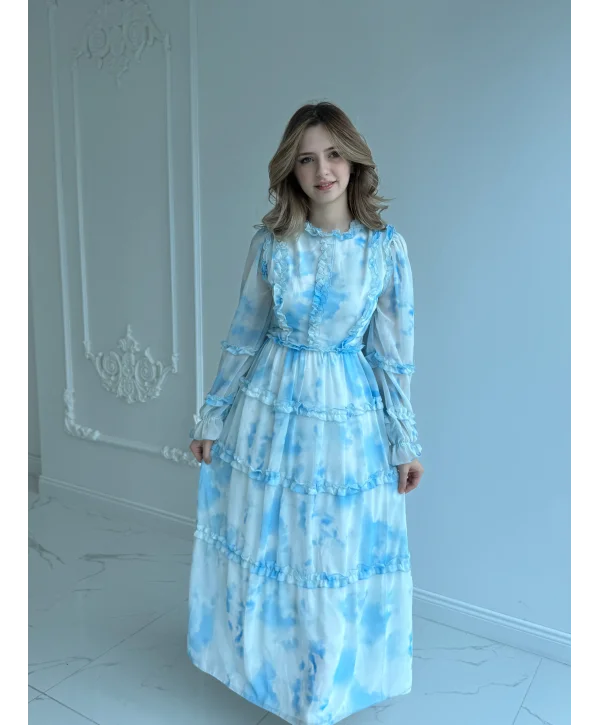 Mavi Beyaz Maxi Boy Şifon Elbise