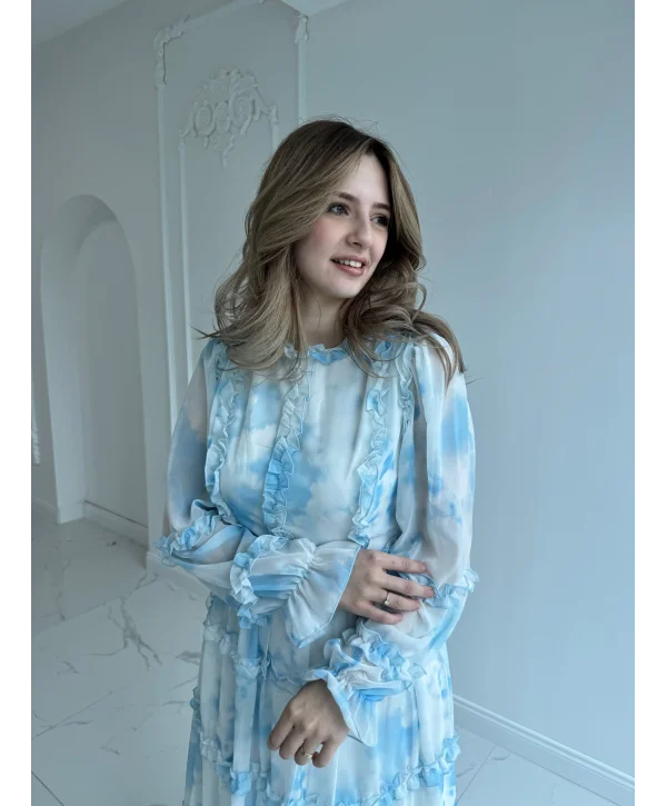 Mavi Beyaz Maxi Boy Şifon Elbise