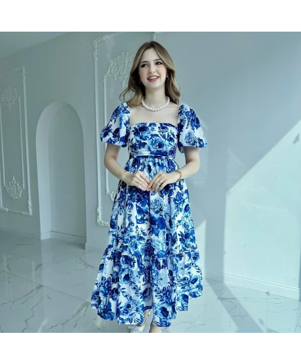 Mavi Beyaz Çiçekli Kare Yaka Elbise