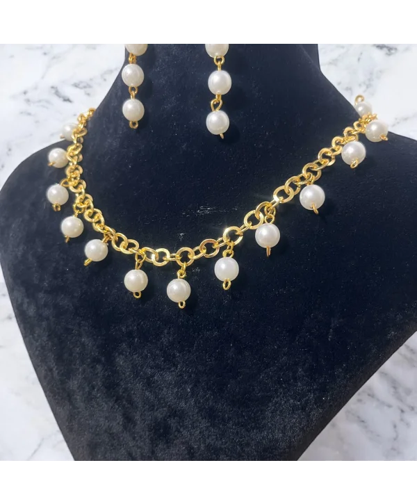 Gold Zincirli İnci Kolye ve Küpe