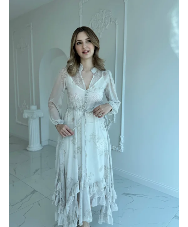 Desenli Şifon Tam Boy Elbise