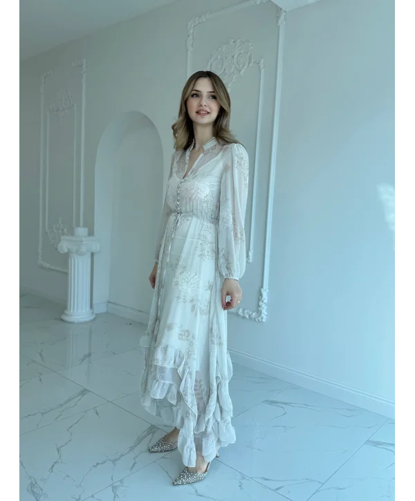 Desenli Şifon Tam Boy Elbise