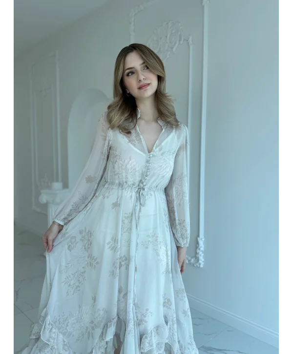 Desenli Şifon Tam Boy Elbise