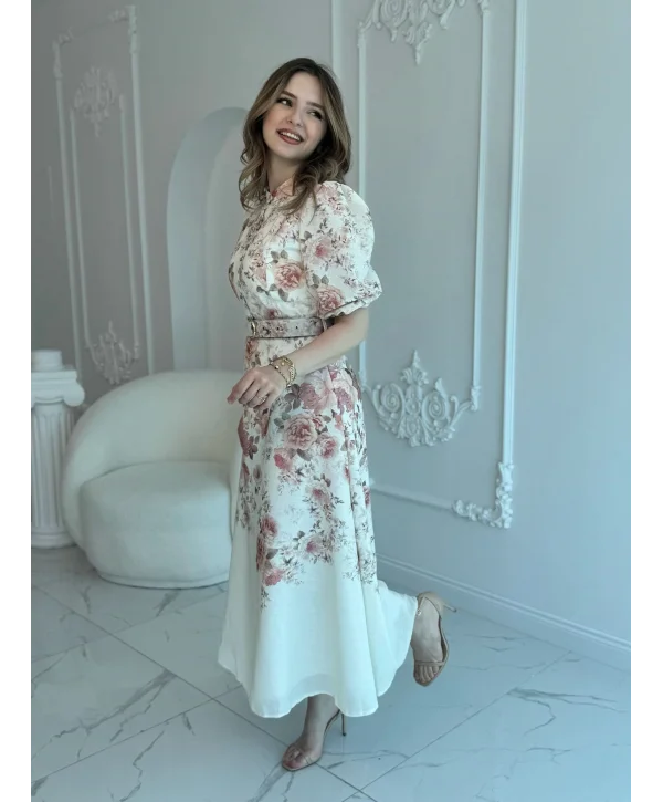 ÇİÇEK DESEN KEMERLİ MAXİ BOY ELBİSE
