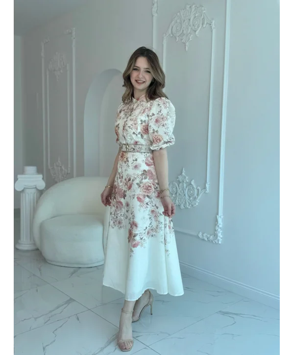 ÇİÇEK DESEN KEMERLİ MAXİ BOY ELBİSE