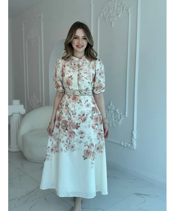 ÇİÇEK DESEN KEMERLİ MAXİ BOY ELBİSE