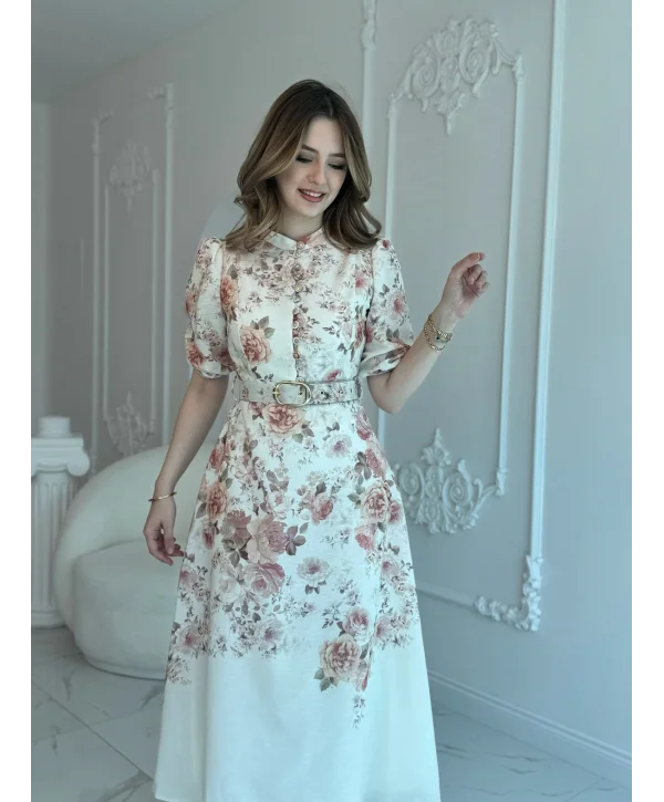 ÇİÇEK DESEN KEMERLİ MAXİ BOY ELBİSE
