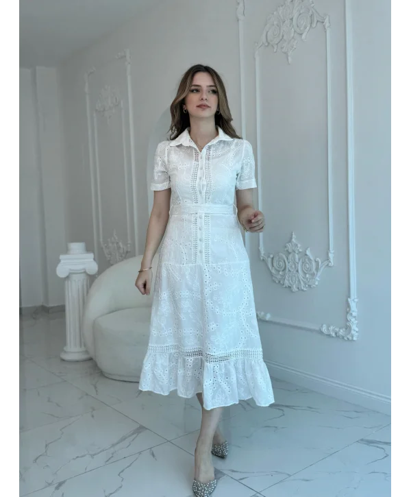 Beyaz Fisto Midi Boy Düğmeli Elbise