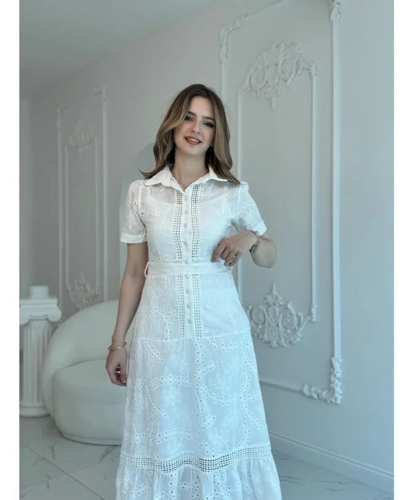 Beyaz Fisto Midi Boy Düğmeli Elbise