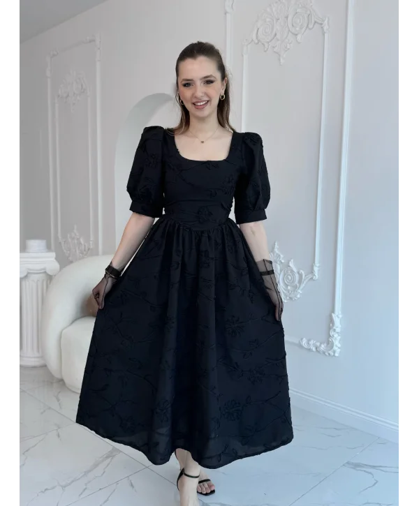 Balon Kollu Brode Elbise Siyah