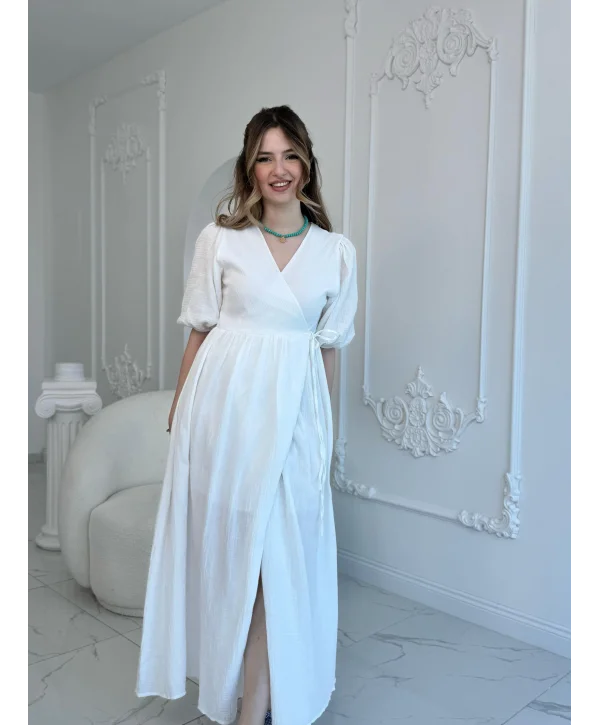 Müslin Kumaş Kuşaklı Uzun Beyaz Elbise