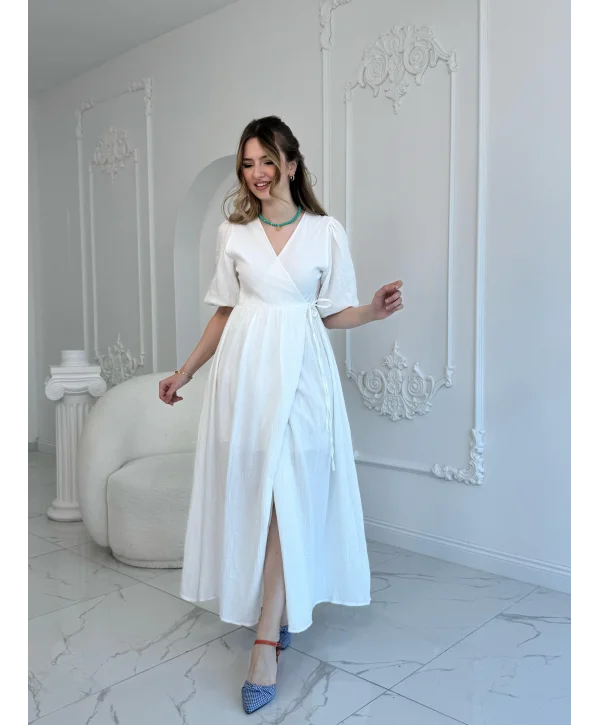 Müslin Kumaş Kuşaklı Uzun Beyaz Elbise