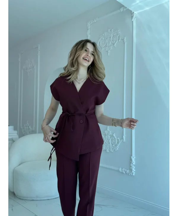 Bağlama Detaylı Bordo Yelek Pantolon Takım