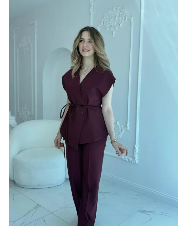 Bağlama Detaylı Bordo Yelek Pantolon Takım