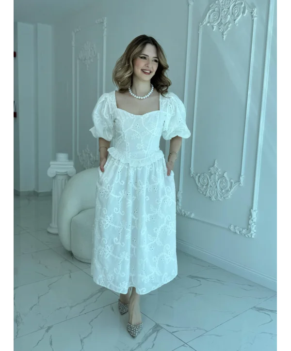 Balon Kollu Dantelli Brode Beyaz ELBİSE