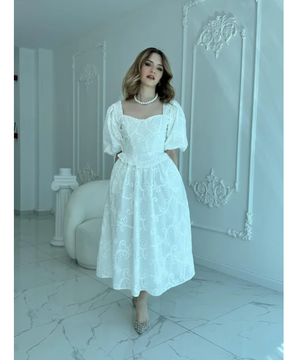 Balon Kollu Dantelli Brode Beyaz ELBİSE